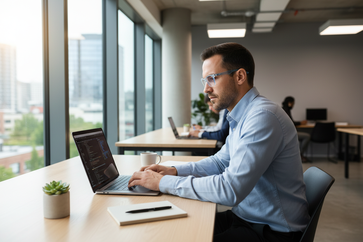 Ein Mann mit einer Blaulicht Filter Brille mit Hellblauen Gläsern sitzt vor einem Laptop und arbeitet 